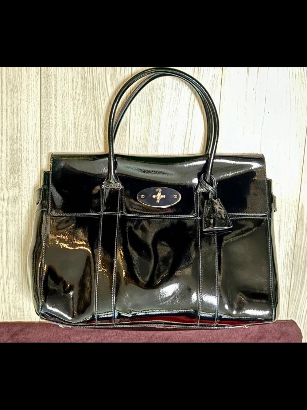 Mulberry Black Patent Leather Tote with Turn-Lock Detail